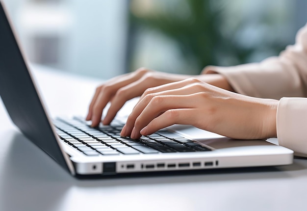 Photo de mains féminines, doigts sur le clavier de son ordinateur tout en tapant