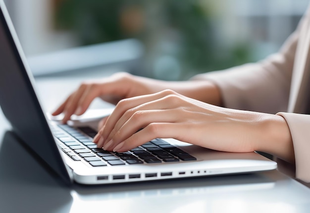 Photo de mains féminines, doigts sur le clavier de son ordinateur tout en tapant