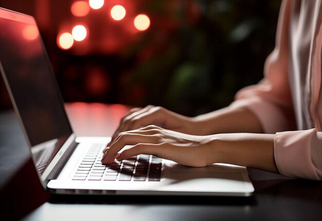 Photo de mains féminines, doigts sur le clavier de son ordinateur tout en tapant