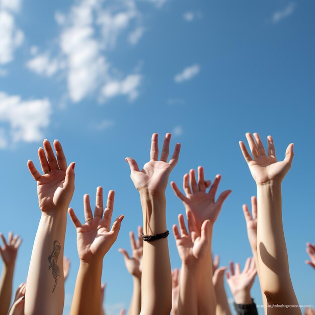 Photo des mains levées sur le fond du ciel bleu