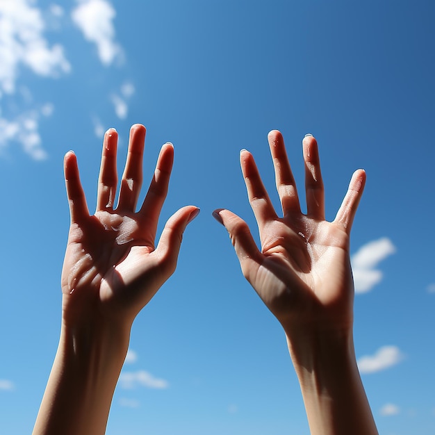 Photo photo des mains levées sur le fond du ciel bleu