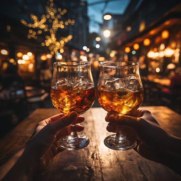 photo de mains portant un toast avec des verres de cognec arrière-plan flou avec image réelle légère