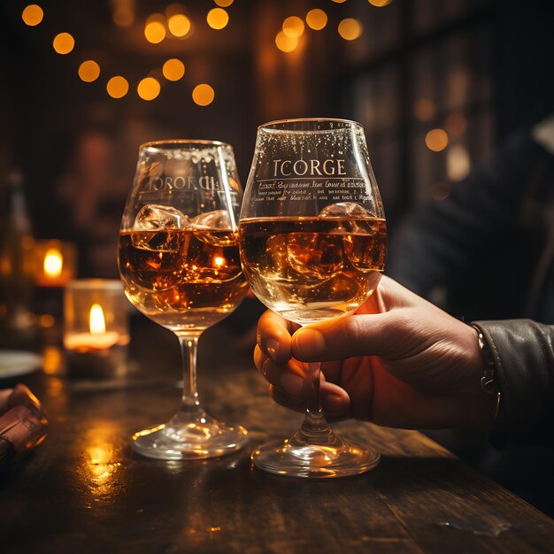 photo de mains portant un toast avec des verres de cognec arrière-plan flou avec image réelle légère