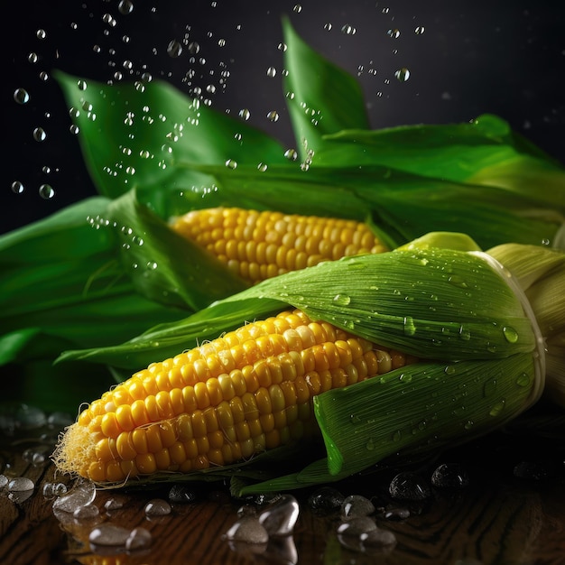 Une photo de maïs avec des gouttelettes d'eau en arrière-plan.
