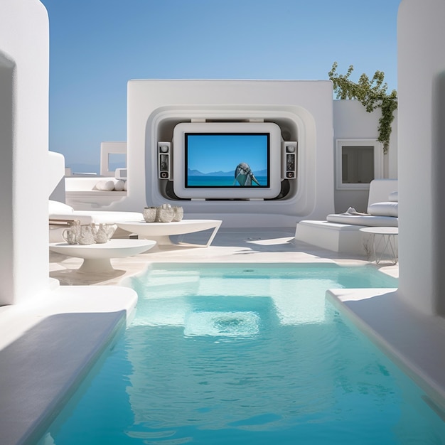 Photo d'une maison blanche avec une piscine et une télévision sur le mur