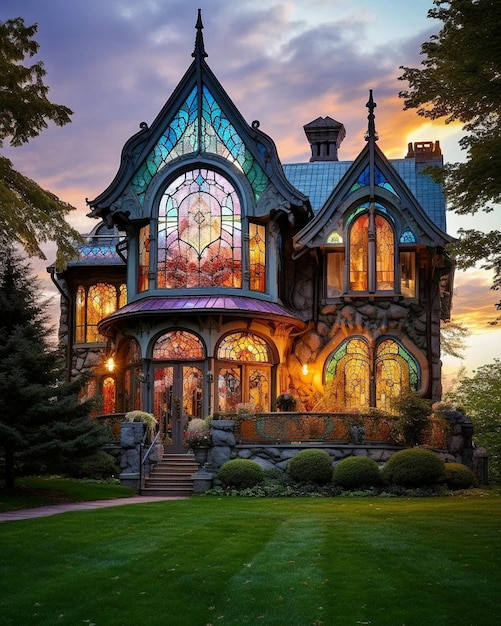 une photo d'une maison avec un ciel bleu et de l'herbe verte