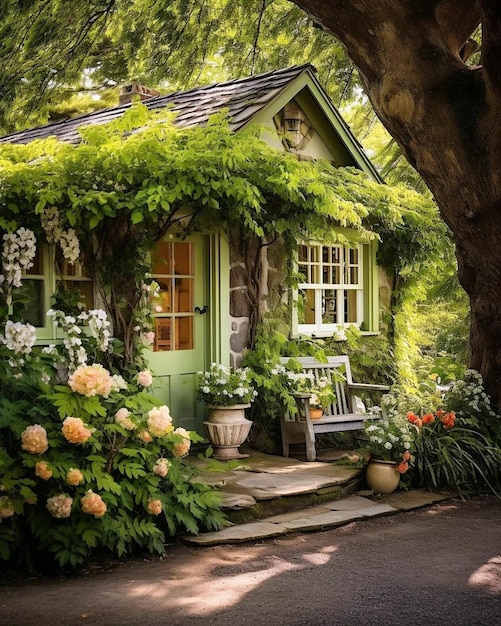 une photo d'une maison avec un ciel bleu et de l'herbe verte