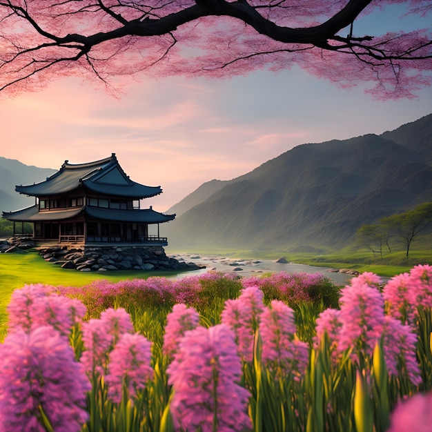 Une photo d'une maison dans un champ de fleurs avec un ciel rose et une montagne en arrière-plan