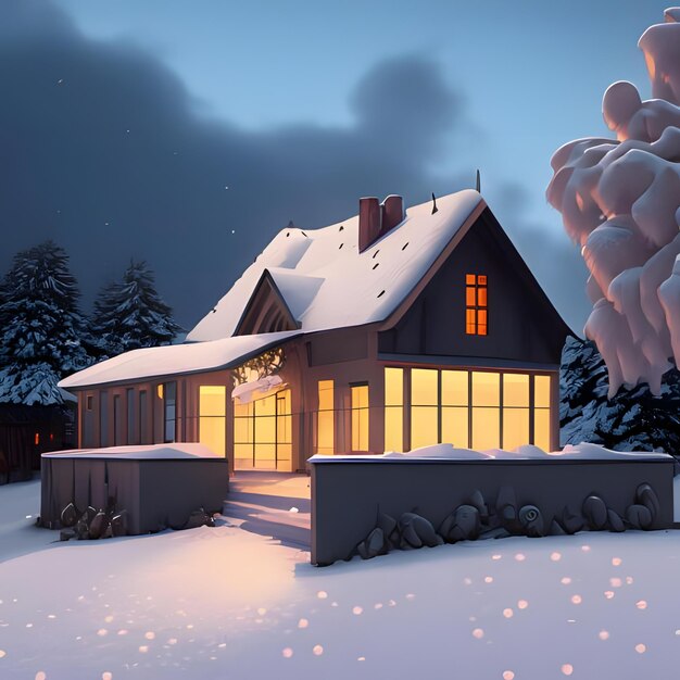 Photo Maison Dans La Neige Avec Éclairage Romantique Paysage D'hiver Rendu 3d 0