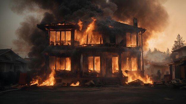 photo d'une maison en feu après un tremblement de terre