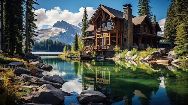 Une photo d'une maison sur un lac avec une forêt en arrière-plan