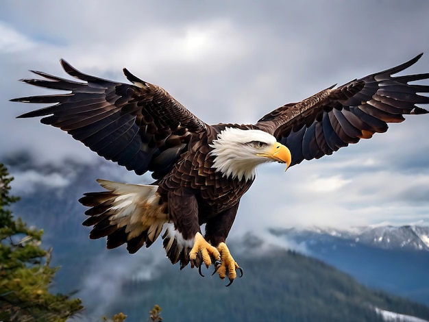 Photo Majestic Bald Eagle en vol avec une envergure dominante et un regard perçant généré par l'IA