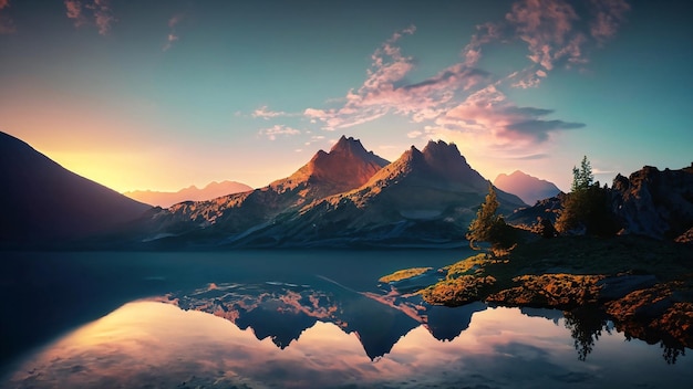 Photo majestueuse chaîne de montagnes au lever du soleil avec un petit lac et un arbre solitaire au premier plan