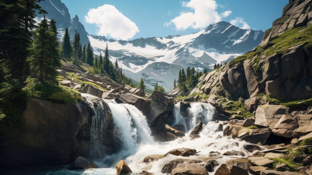 Une photo d'une majestueuse chute d'eau alpine en cascade sur une falaise rocheuse au soleil de midi.