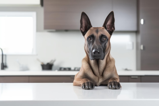 Photo d'un Malinois belge vigilant dans une pose vigilante contre un comptoir blanc propre