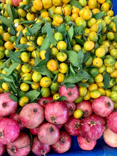 Photo photo de mandarines avec feuilles et grenades