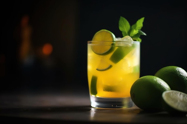 Photo de mangue mojito avec tranche de feuille dessus dans la table en bois