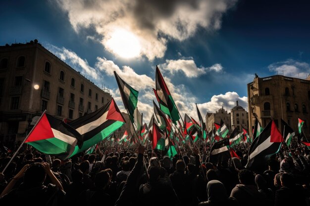 Photo photo d'une manifestation de masse avec des drapeaux palestiniens générée par ai