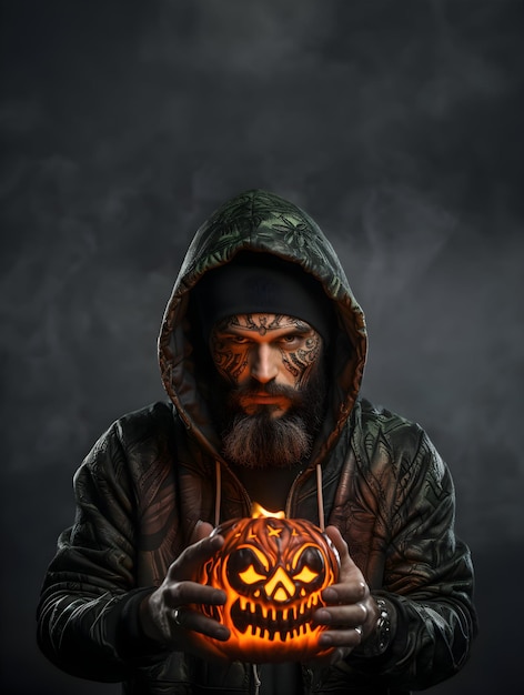 Photo photo maquillage de monstre masculin effrayant et effrayant pour le jour d'halloween avec bannière de vente de jour d'halloween à la citrouille