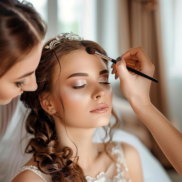 Photo d'un maquilleur faisant un maquillage élégant pour une femme de mariée