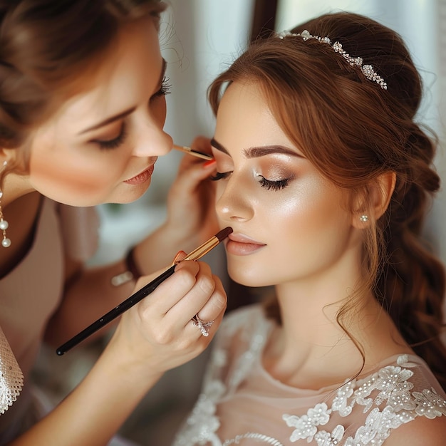 Photo d'un maquilleur faisant un maquillage élégant pour une femme de mariée