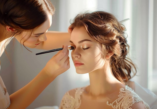 Photo d'un maquilleur faisant un maquillage élégant pour une femme de mariée
