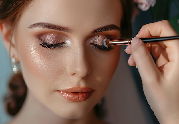 Photo d'un maquilleur faisant un maquillage élégant pour une femme de mariée