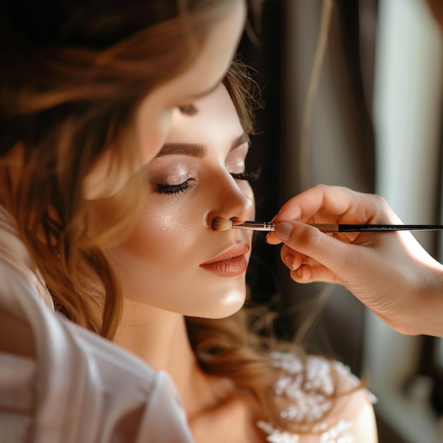 Photo d'un maquilleur faisant un maquillage élégant pour une femme de mariée