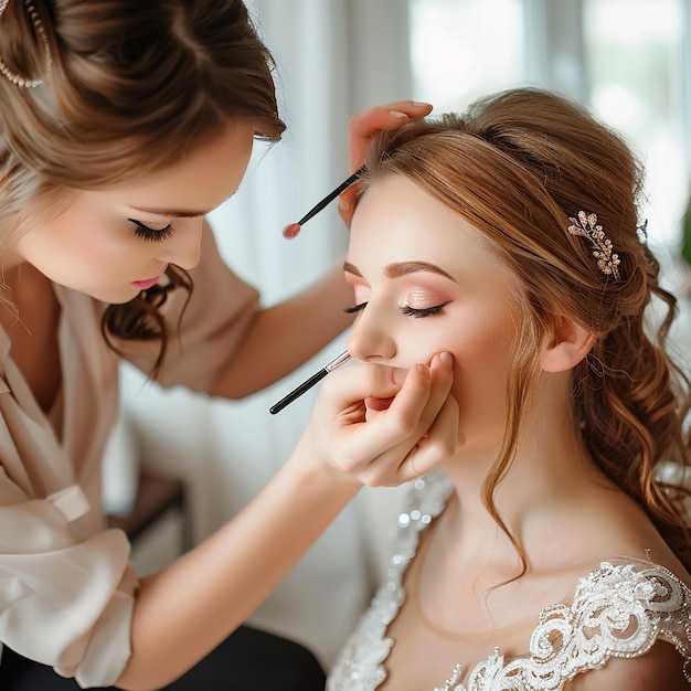 Photo d'un maquilleur faisant un maquillage élégant pour une femme de mariée