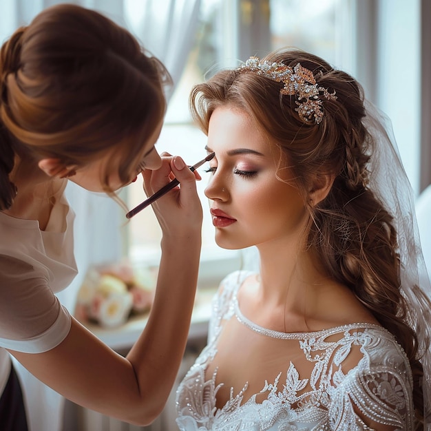 Photo d'un maquilleur faisant un maquillage élégant pour une femme de mariée