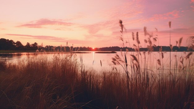 Une photo d'un marais avec un groupe de bullrushes lueur de coucher de soleil