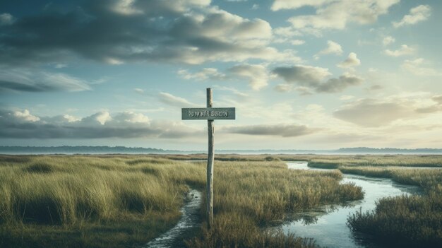 Une photo d'un marais avec un panneau de signalisation en bois et un ciel nuageux