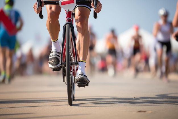 Photo d'un marathon à vélo et des jambes d'une personne IA générative