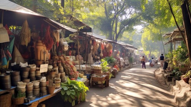 Une photo d'un marché local florissant avec de l'artisanat