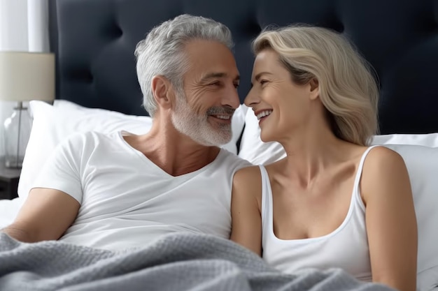 Photo d'un mari et d'une femme se relaxant ensemble au lit créé avec une IA générative