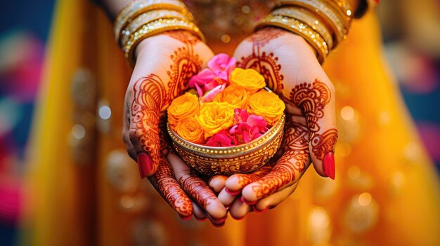 Une photo d'un mariage indien coloré avec des motifs de henné complexes