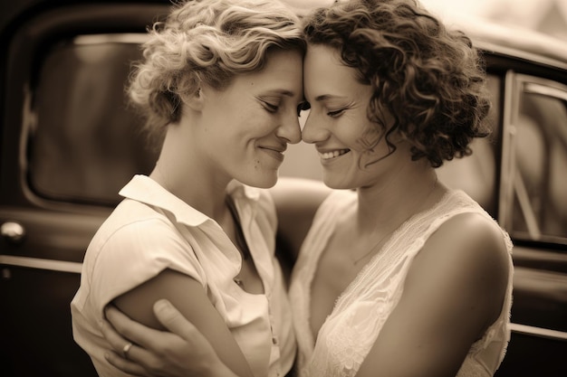 Photo une photo d'un mariage de lesbiennes sépia