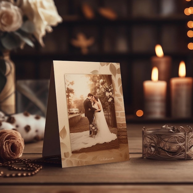 une photo d'une mariée et d'un marié sur une table.