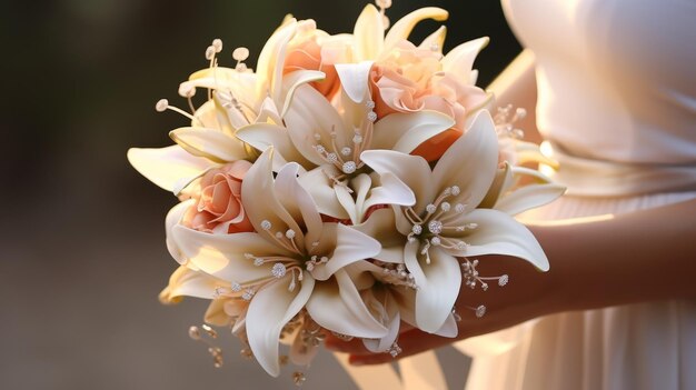Une photo d'une mariée tenant gracieusement un bouquet dans sa main le jour de son mariage AI générative