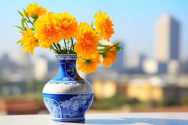 Photo de Marigold dans un vase avec un paysage urbain en arrière-plan