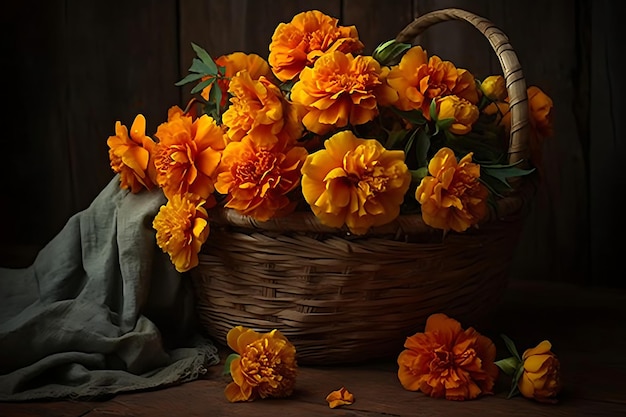 Une photo de marigolds dans un panier rustique