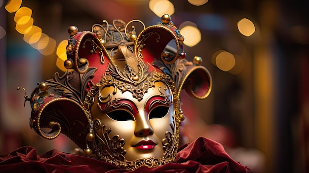 une photo d'un masque vénitien marron et doré dans un affichage artistique