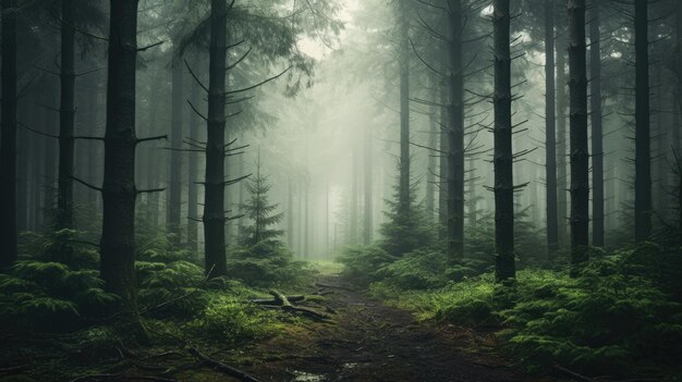 Une photo d'une matinée brumeuse dans une atmosphère brumeuse de forêt