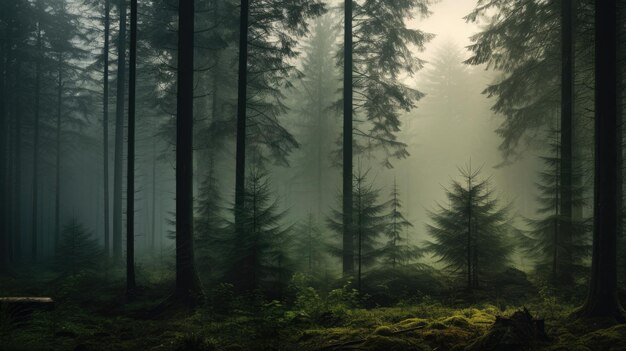 Une photo d'une matinée brumeuse de forêt dense