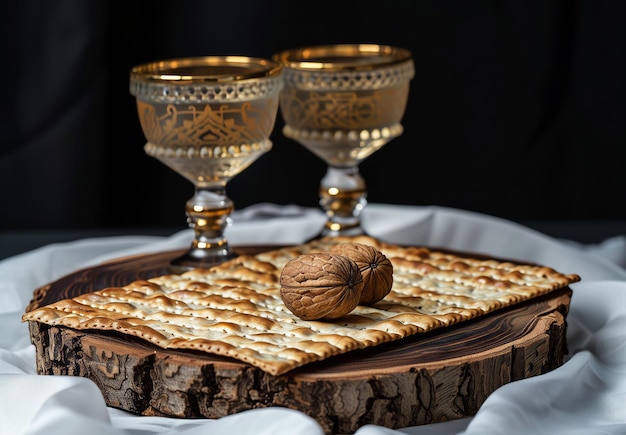 Photo photo de matzah et de deux noix sur un piston d'animal avec l'accent sur elle devant est le lin blanc fab