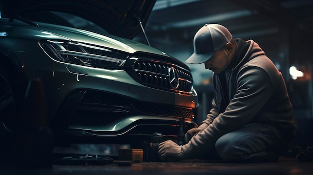 Une photo d'un mécanicien travaillant sous une voiture