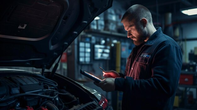 Photo une photo d'un mécanicien utilisant un scanner obd