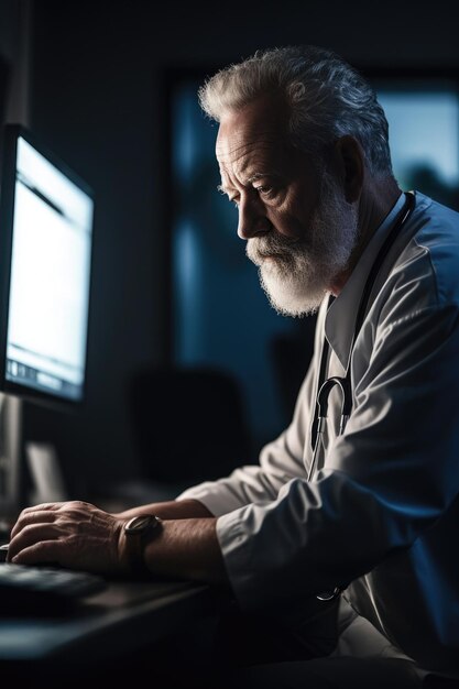 Photo d'un médecin mature travaillant sur un ordinateur dans son bureau créé avec une IA générative