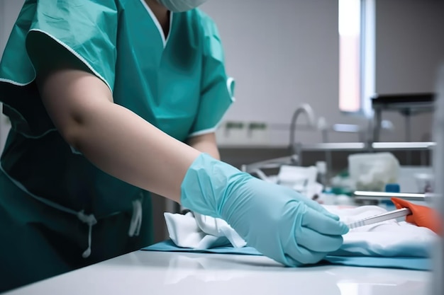 Photo d'un médecin portant des gommages et des gants chirurgicaux dans un hôpital créé avec une IA générative