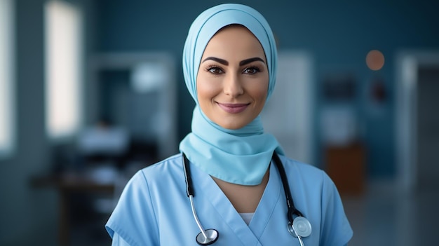 Photo médecine soins de santé et concept de personnes souriante femme médecin musulmane portant le hijab